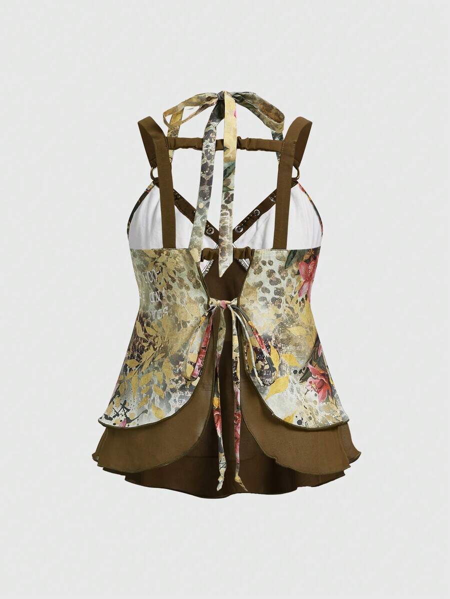 Multicolor boho cami tank top for women with floral and leopard print pattern, featuring thin straps, backless style, tie knot detail, and a ruffled hem.