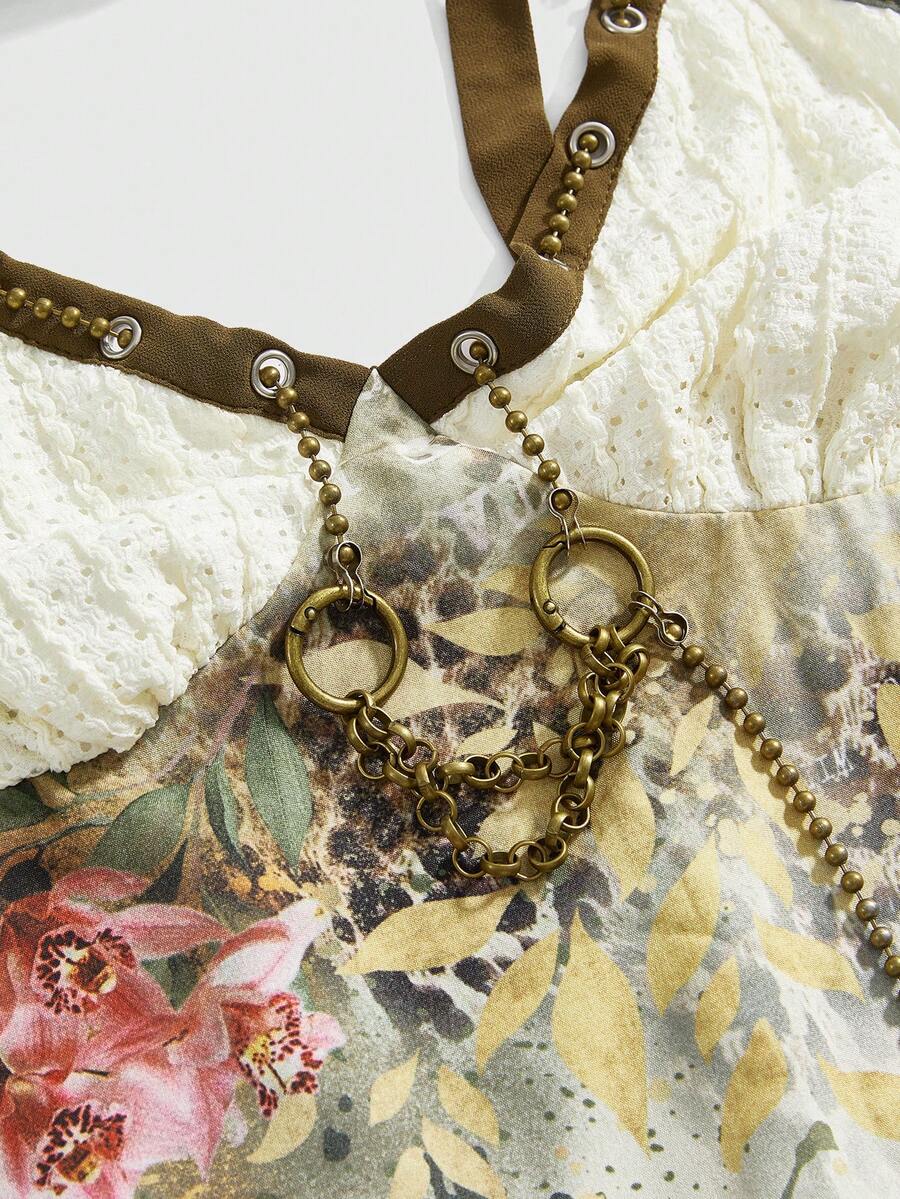 Multicolor boho cami tank top for women with floral and leopard print pattern, featuring thin straps, backless style, tie knot detail, and a ruffled hem.