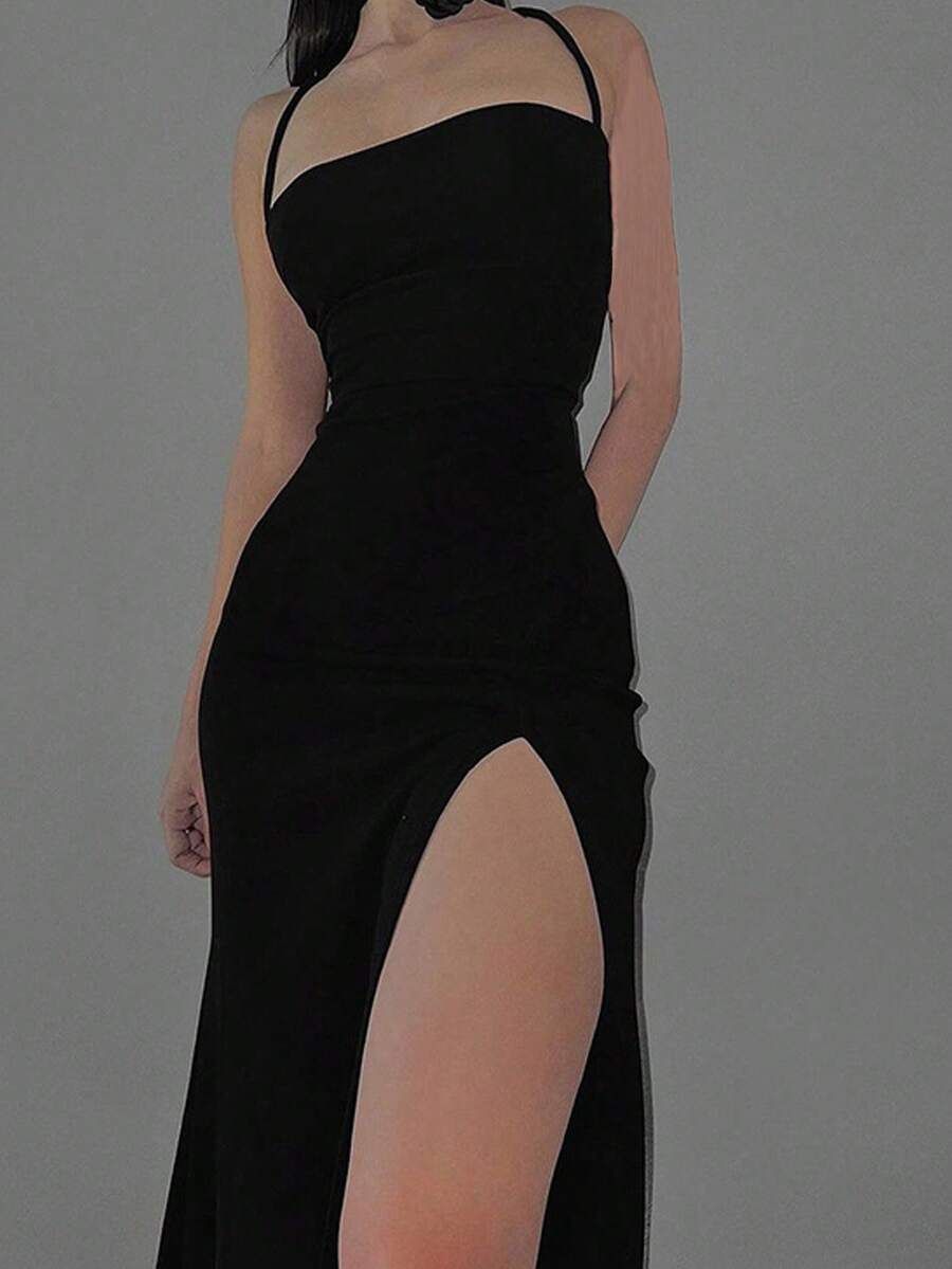 Women's backless sleeveless midi party dress with spaghetti straps and a high slit