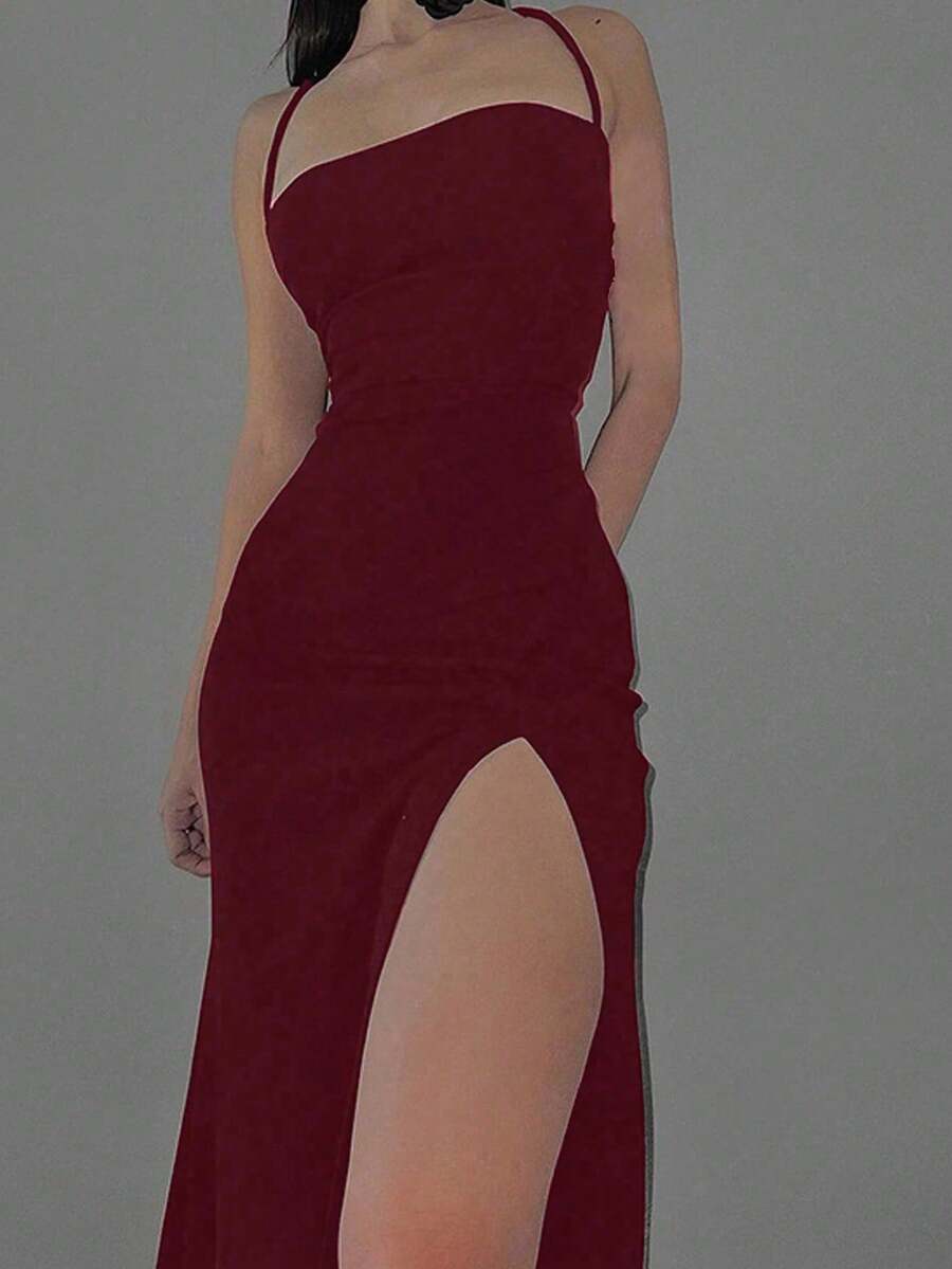 Women's backless sleeveless midi party dress with spaghetti straps and a high slit