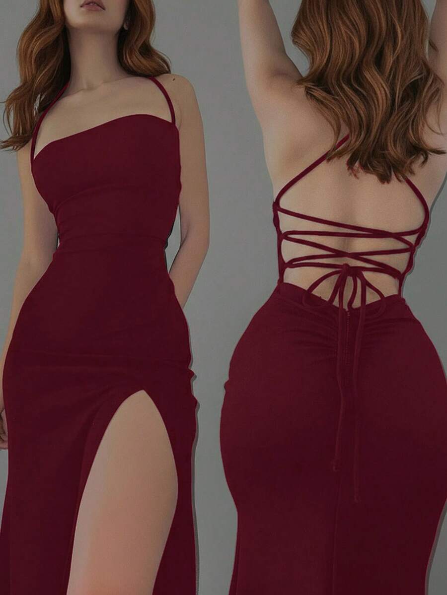 Women's backless sleeveless midi party dress with spaghetti straps and a high slit