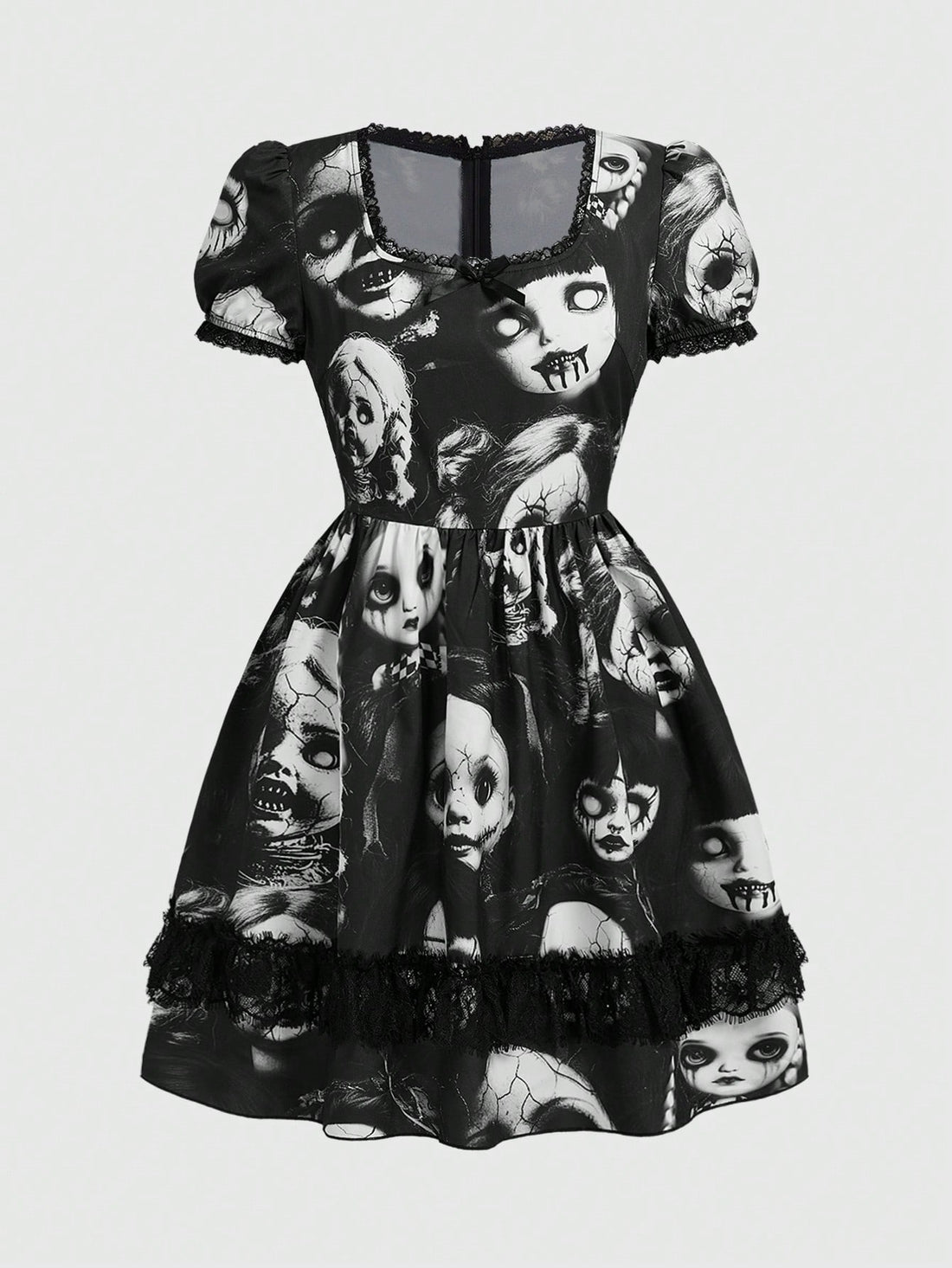 Black Gothic dark witch mini dress for women featuring contrast lace patchwork, square neckline, puff sleeves, frill bow details, and a flared A-line high waist silhouette.