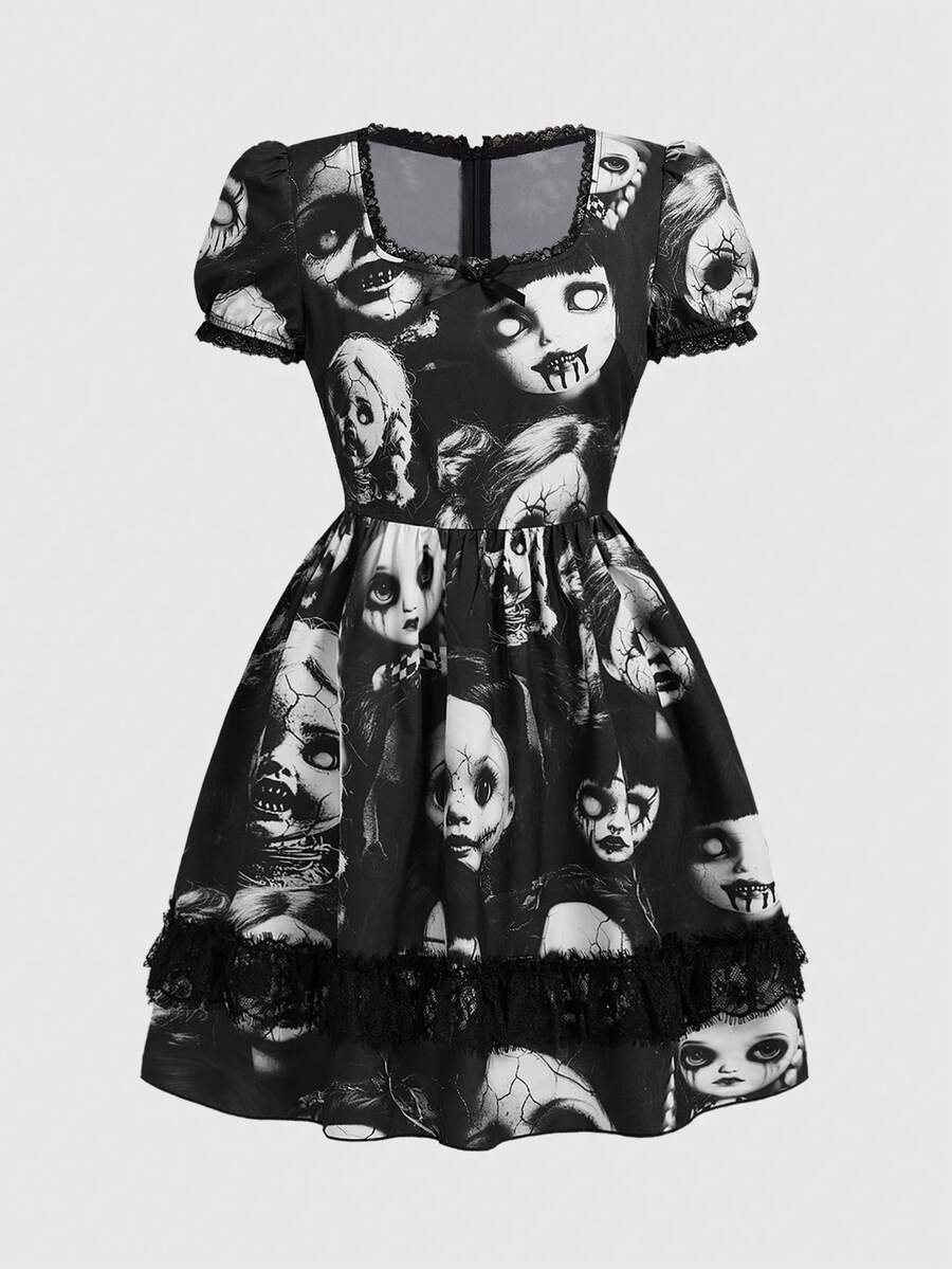 Black Gothic dark witch mini dress for women featuring contrast lace patchwork, square neckline, puff sleeves, frill bow details, and a flared A-line high waist silhouette.