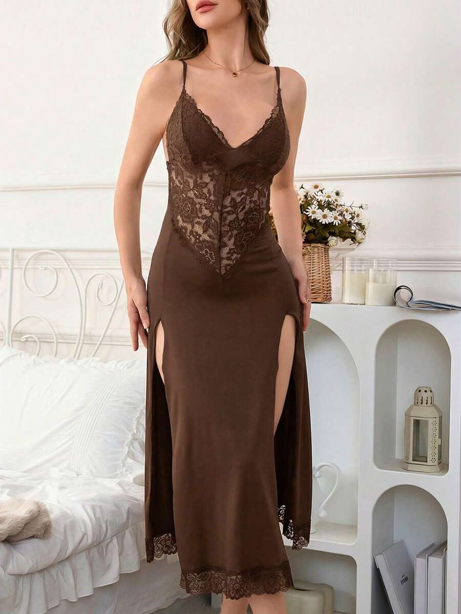 Women's black lace slip nightgown featuring a backless design, contrast lace patchwork, split thigh detail, and spaghetti straps.