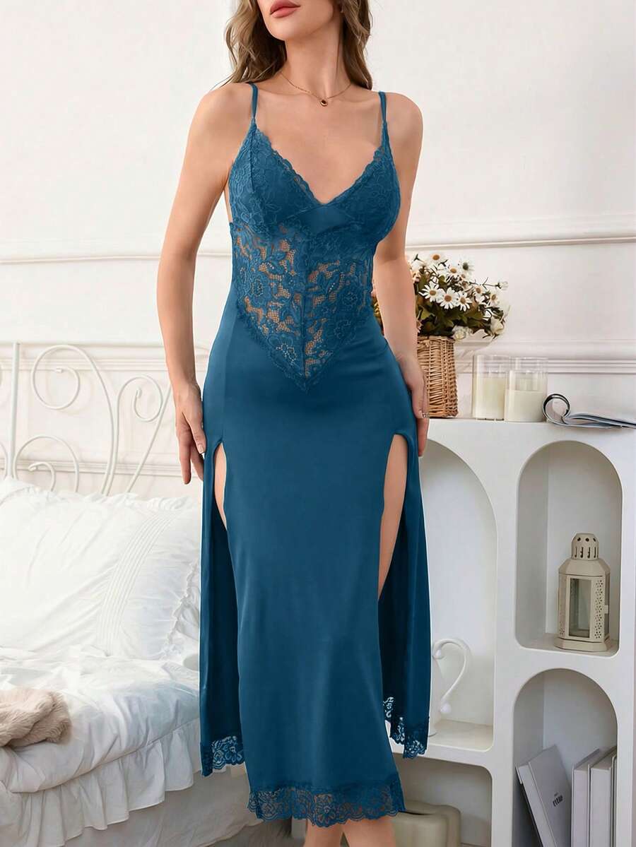 Women's black lace slip nightgown featuring a backless design, contrast lace patchwork, split thigh detail, and spaghetti straps.