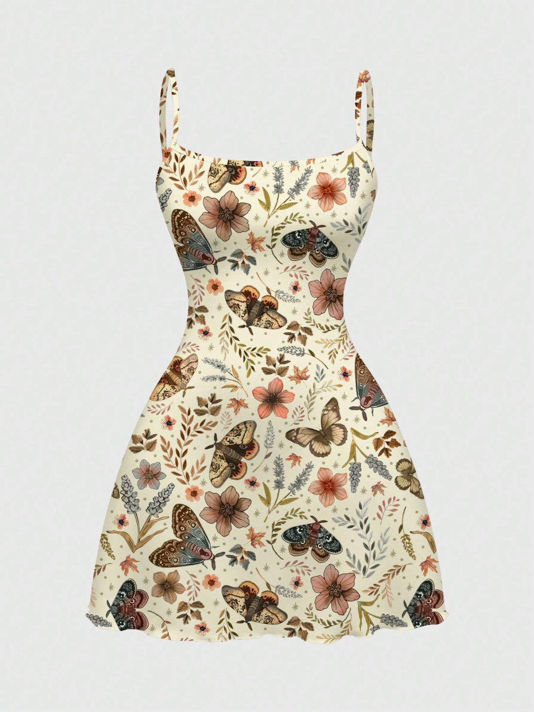 Beige graphic cami mini dress for women featuring a backless slim fit design, high waist flared hem, lettuce trim, spaghetti straps, and arm sleeves.