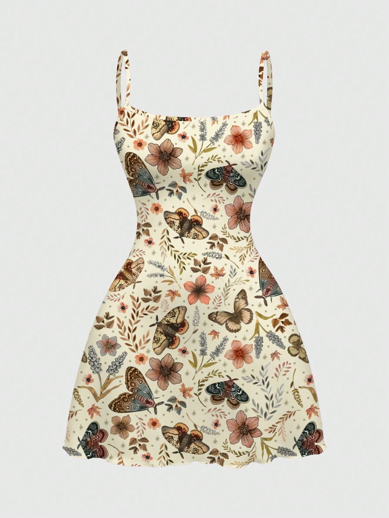 Beige graphic cami mini dress for women featuring a backless slim fit design, high waist flared hem, lettuce trim, spaghetti straps, and arm sleeves.