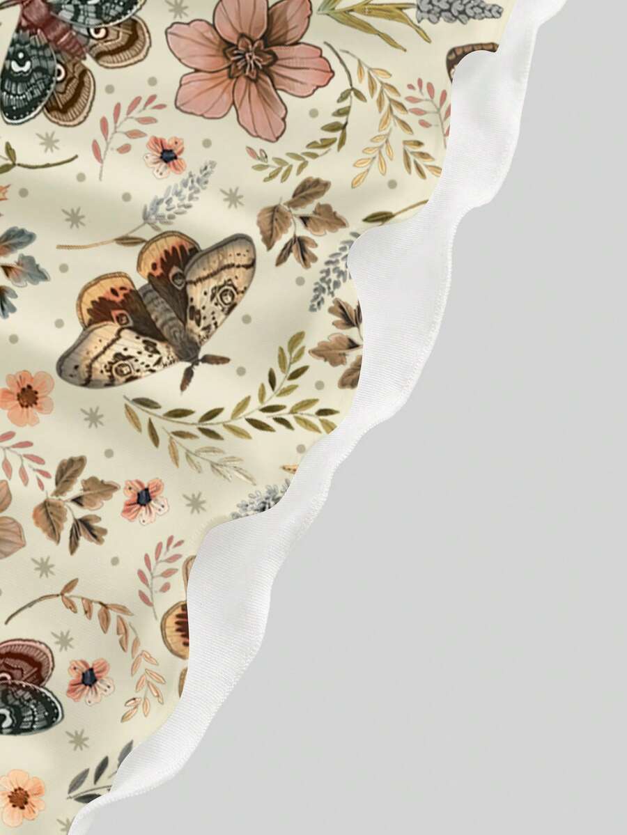 Beige graphic cami mini dress for women featuring a backless slim fit design, high waist flared hem, lettuce trim, spaghetti straps, and arm sleeves.