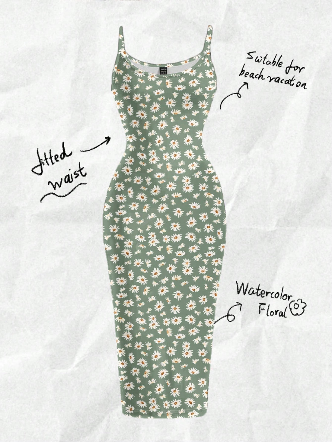 Women's minimalist floral daisy print bodycon cami dress with spaghetti straps, backless cut, high waist, and split thigh slit.