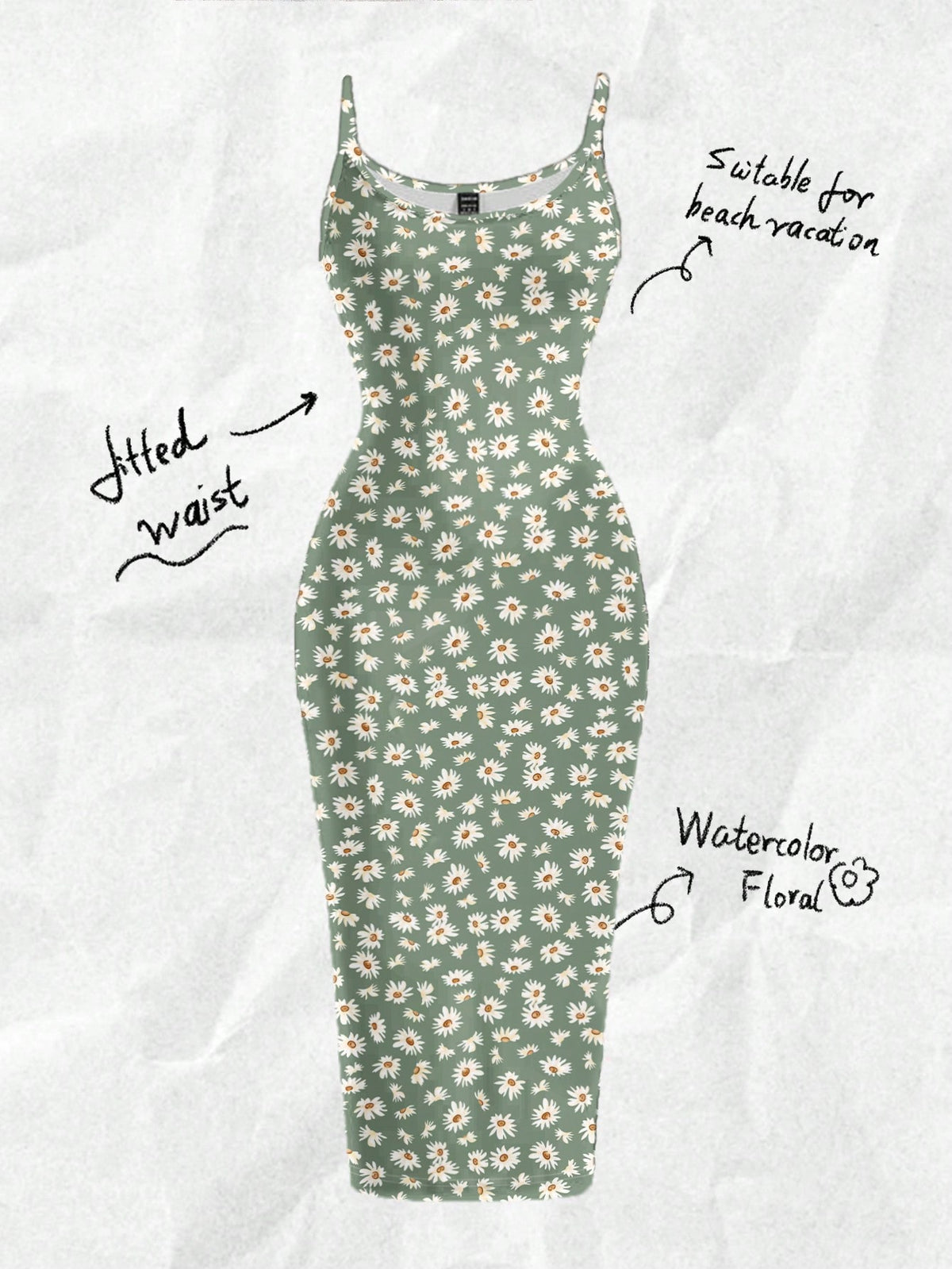 Women's minimalist floral daisy print bodycon cami dress with spaghetti straps, backless cut, high waist, and split thigh slit.