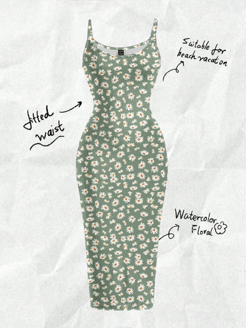 Women's minimalist floral daisy print bodycon cami dress with spaghetti straps, backless cut, high waist, and split thigh slit.