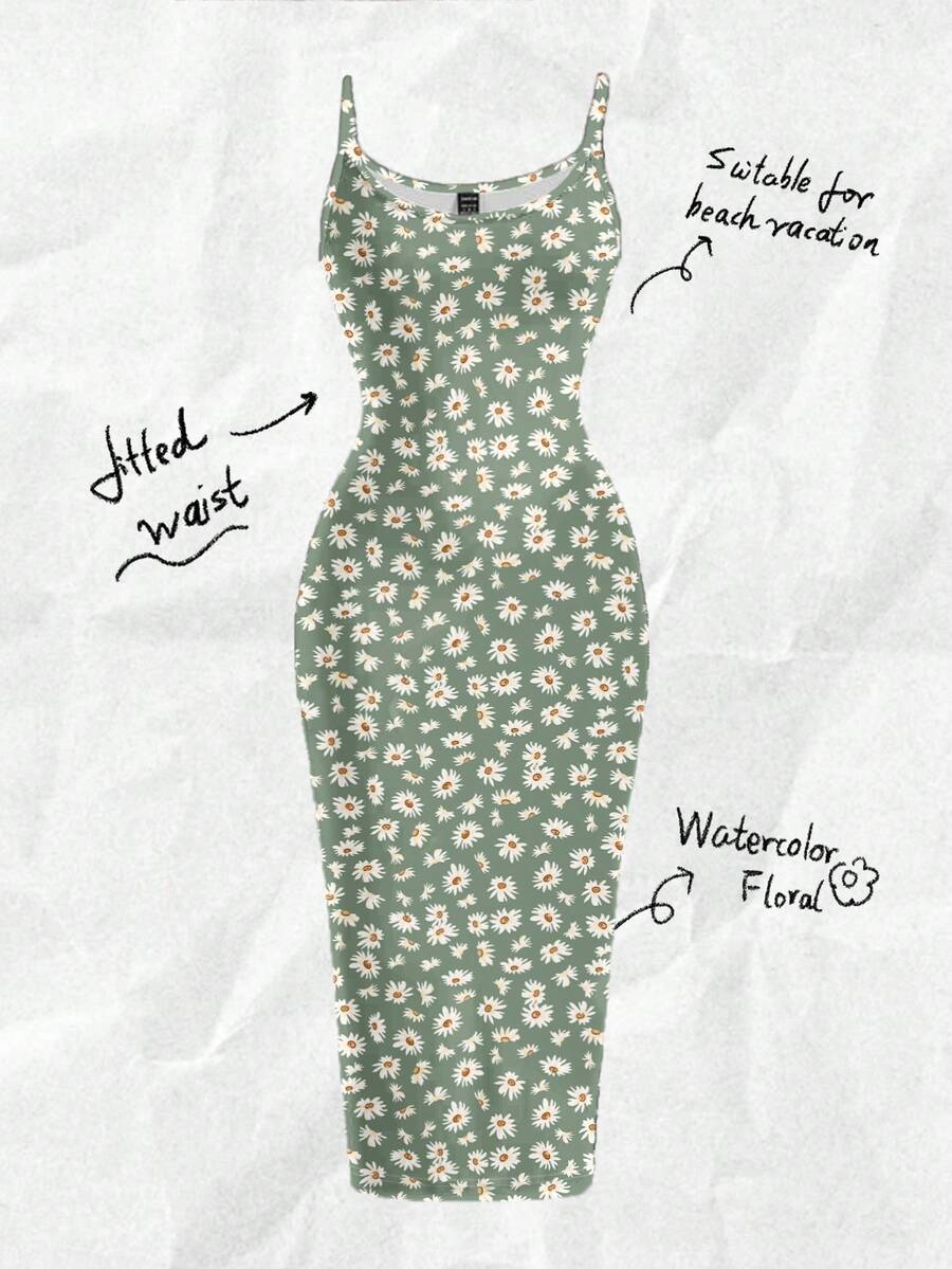 Women's minimalist floral daisy print bodycon cami dress with spaghetti straps, backless cut, high waist, and split thigh slit.