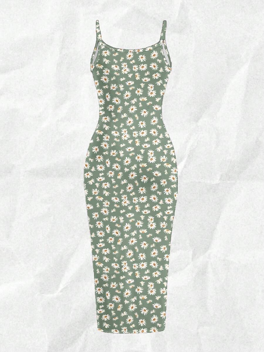 Women's minimalist floral daisy print bodycon cami dress with spaghetti straps, backless cut, high waist, and split thigh slit.
