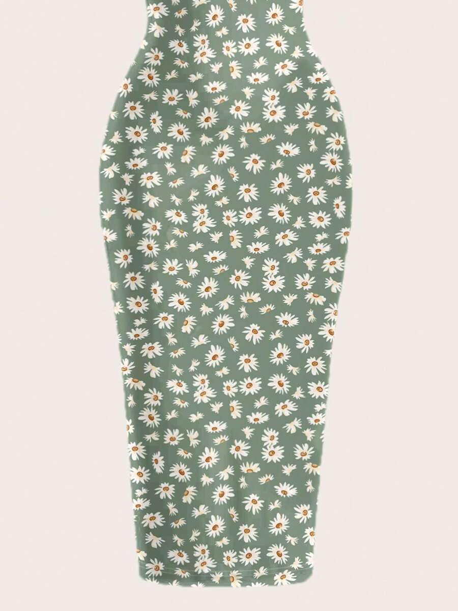 Women's minimalist floral daisy print bodycon cami dress with spaghetti straps, backless cut, high waist, and split thigh slit.