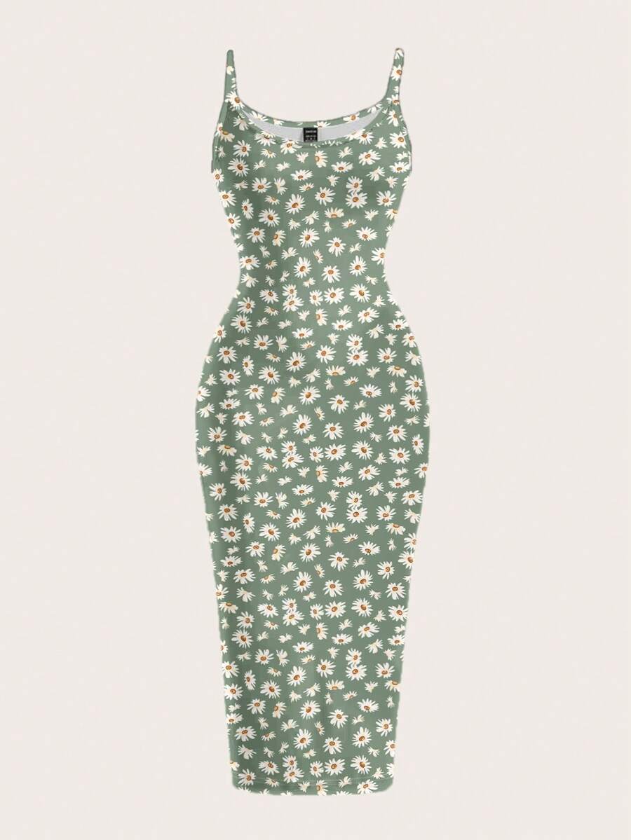 Women's minimalist floral daisy print bodycon cami dress with spaghetti straps, backless cut, high waist, and split thigh slit.