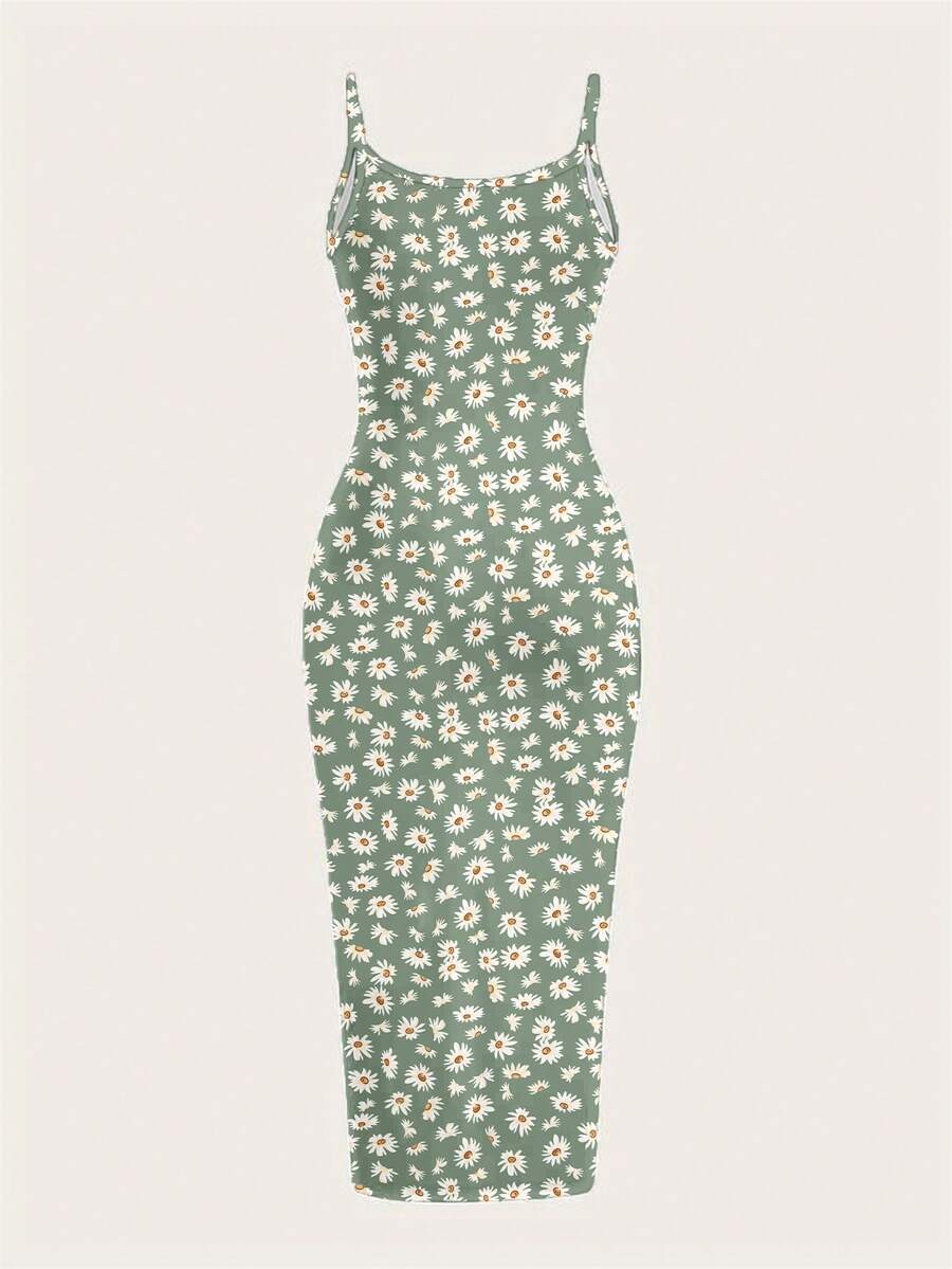 Women's minimalist floral daisy print bodycon cami dress with spaghetti straps, backless cut, high waist, and split thigh slit.