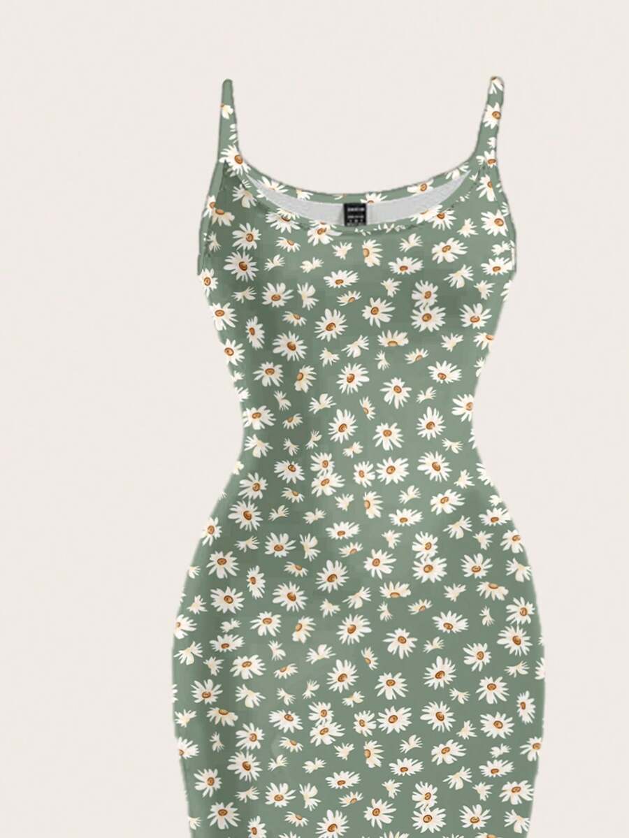 Women's minimalist floral daisy print bodycon cami dress with spaghetti straps, backless cut, high waist, and split thigh slit.