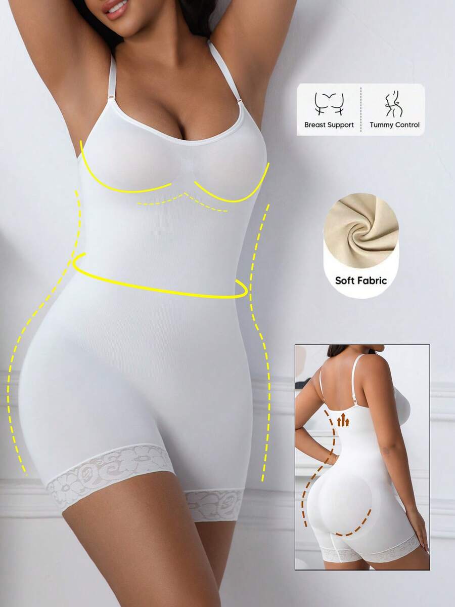 Women's black seamless lace shapewear jumpsuit with spaghetti straps featuring tummy control and full-length coverage.