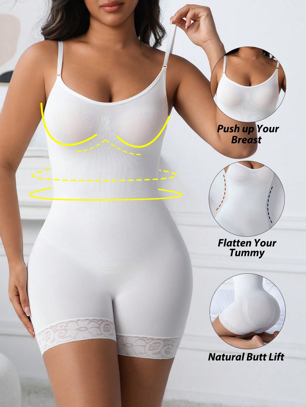 Women's black seamless lace shapewear jumpsuit with spaghetti straps featuring tummy control and full-length coverage.