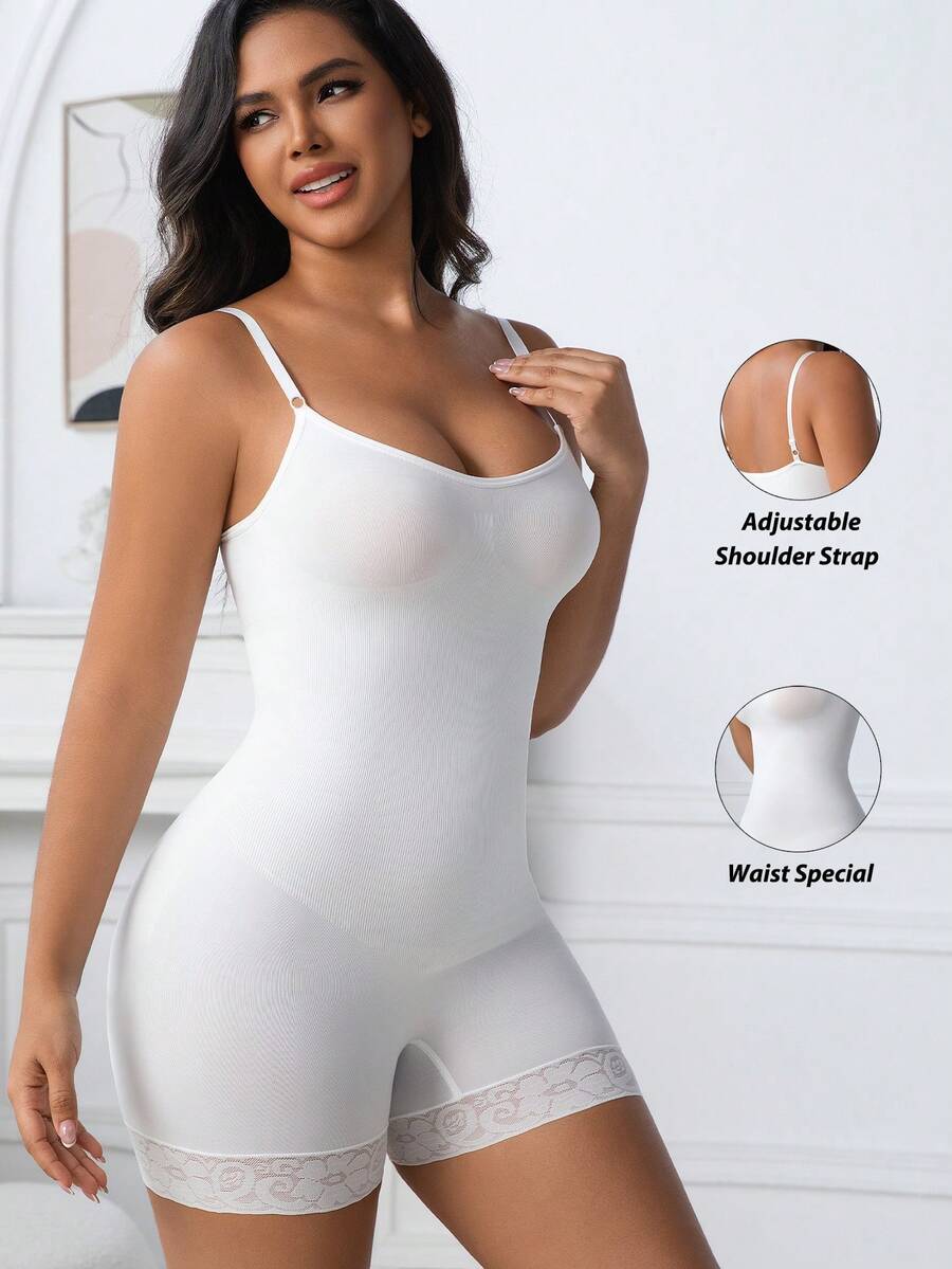 Women's black seamless lace shapewear jumpsuit with spaghetti straps featuring tummy control and full-length coverage.