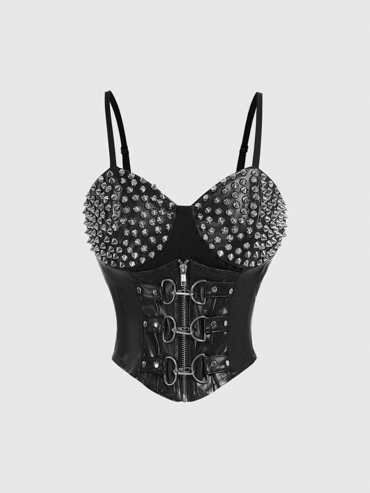 Black goth cami top for women featuring spaghetti straps, lace-up front detail, grommet eyelet accents, and an asymmetrical hem.