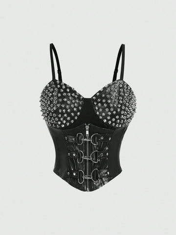 Black goth cami top for women featuring spaghetti straps, lace-up front detail, grommet eyelet accents, and an asymmetrical hem.