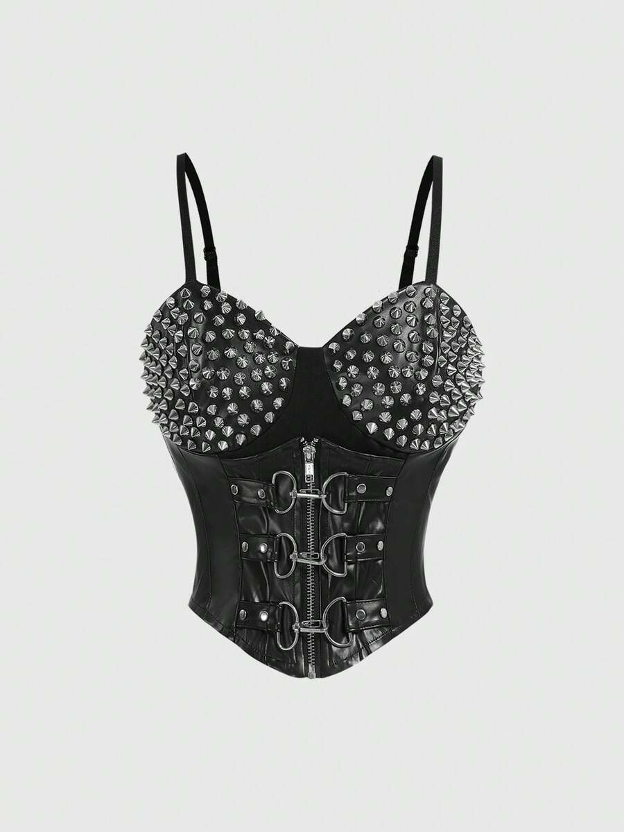 Black goth cami top for women featuring spaghetti straps, lace-up front detail, grommet eyelet accents, and an asymmetrical hem.