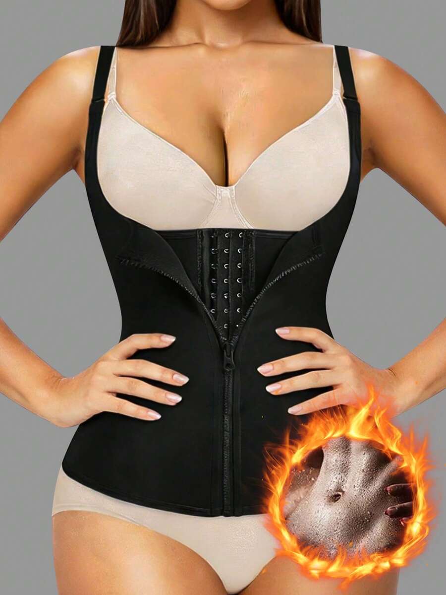 Black neoprene women's sports waist trainer belt with zipper and buckle closure featuring chest support for fitness training