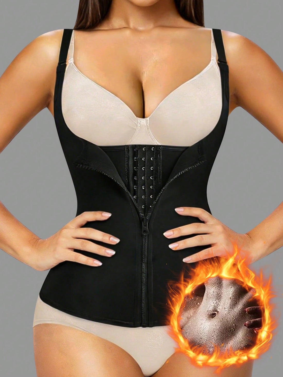 Black neoprene women's sports waist trainer belt with zipper and buckle closure featuring chest support for fitness training