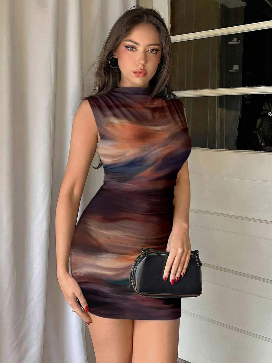 Army green sleeveless bodycon mini dress with a stand collar, ruched details, and zipper back.