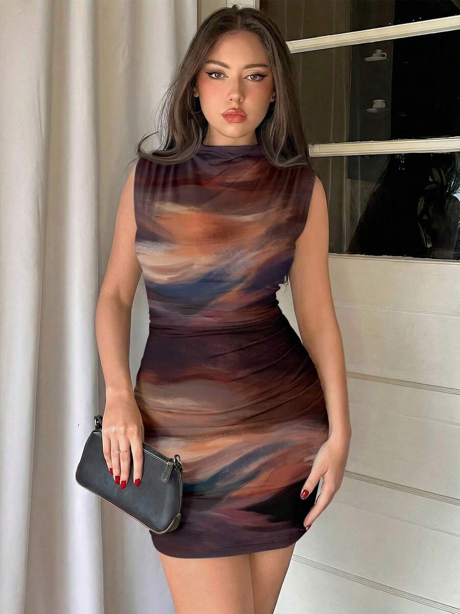 Army green sleeveless bodycon mini dress with a stand collar, ruched details, and zipper back.