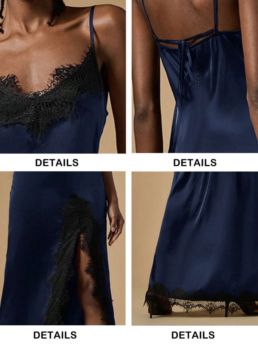 Women's black lace split satin long dress featuring spaghetti straps, asymmetrical slit hem, and matching arm sleeves.