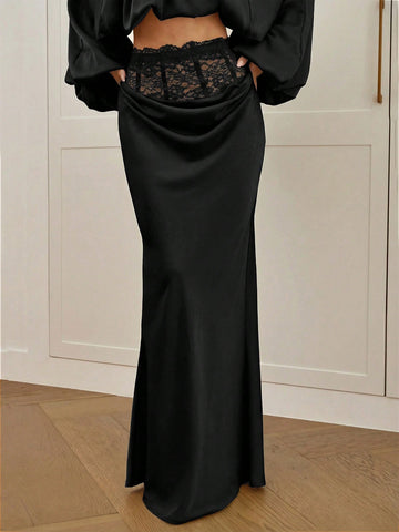 Women's high waist satin mermaid maxi skirt featuring contrast lace patchwork embroidery detail and side slit for formal and evening wear.