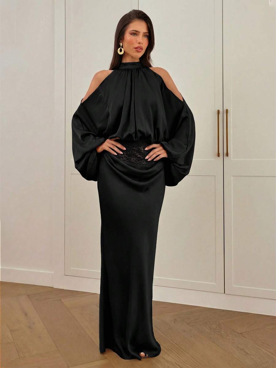 Women's high waist satin mermaid maxi skirt featuring contrast lace patchwork embroidery detail and side slit for formal and evening wear.