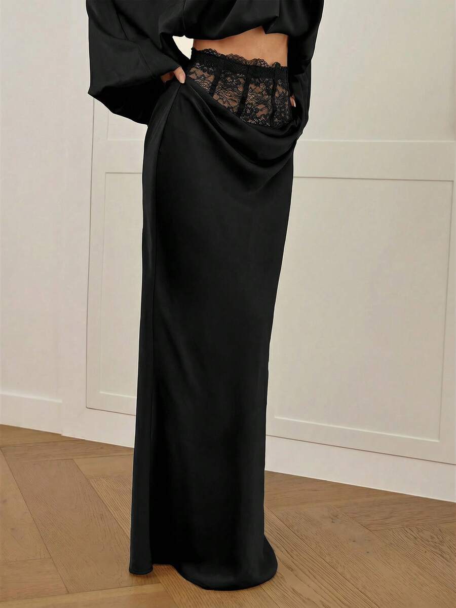 Women's high waist satin mermaid maxi skirt featuring contrast lace patchwork embroidery detail and side slit for formal and evening wear.