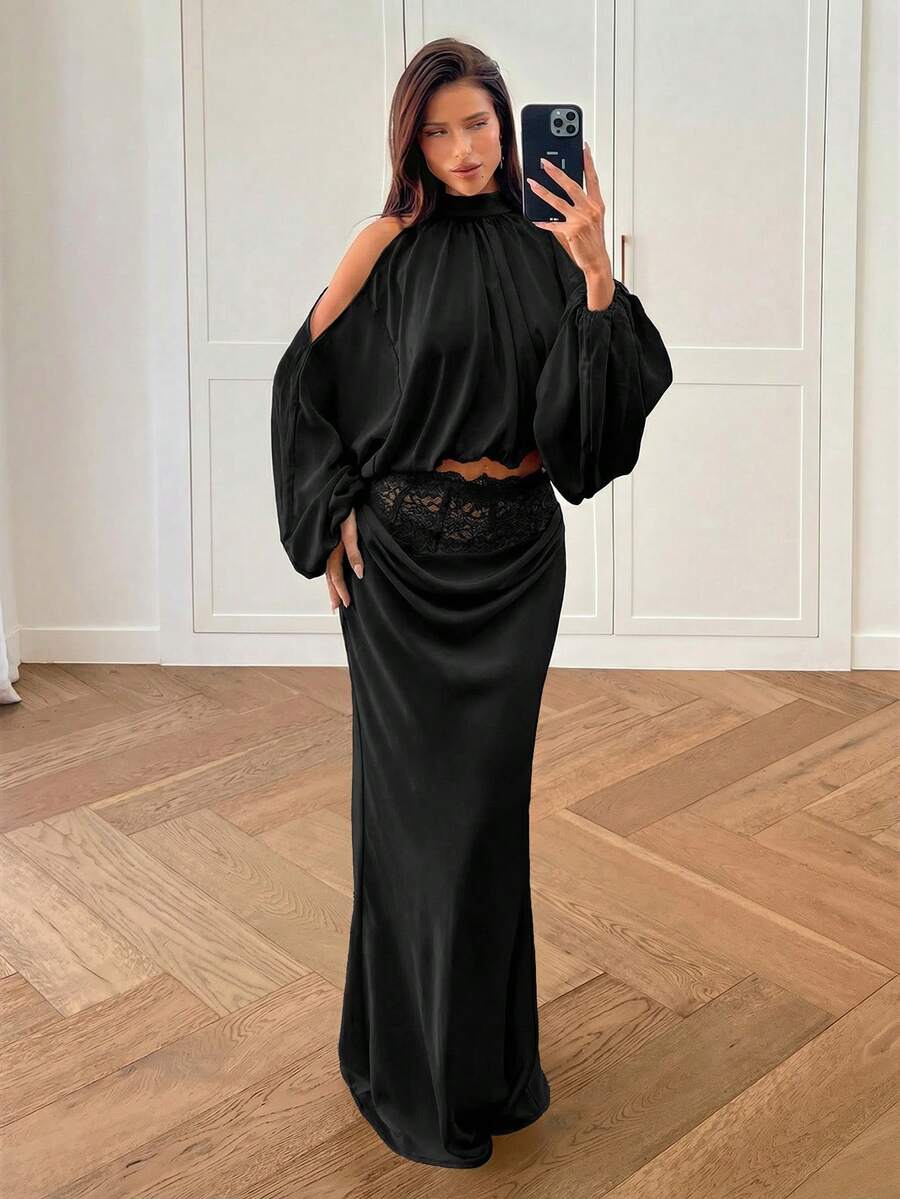 Women's high waist satin mermaid maxi skirt featuring contrast lace patchwork embroidery detail and side slit for formal and evening wear.
