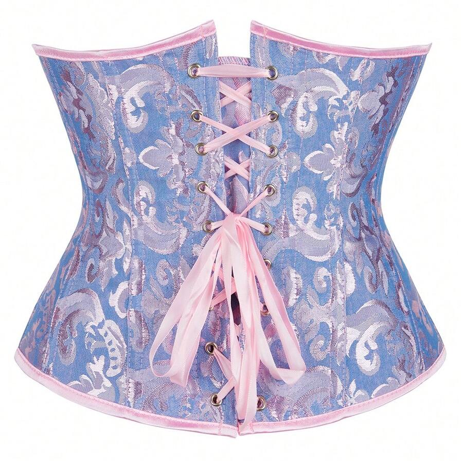 Vintage lace-up waist trainer corset with grommet eyelet details and plant pattern, designed for Halloween styling.