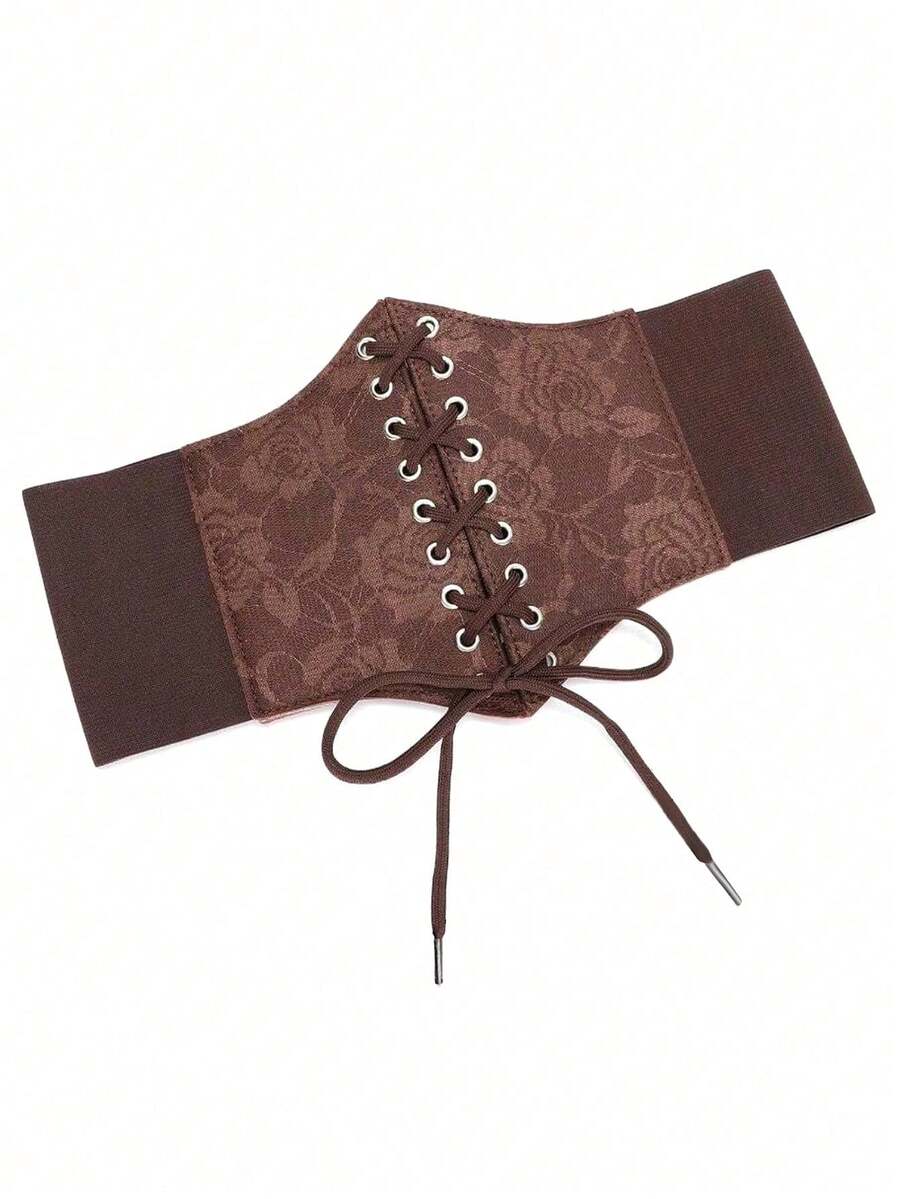 Black lace-up waist cincher with grommet eyelets, baroque pattern, medium stretch, and wide belt design for women.