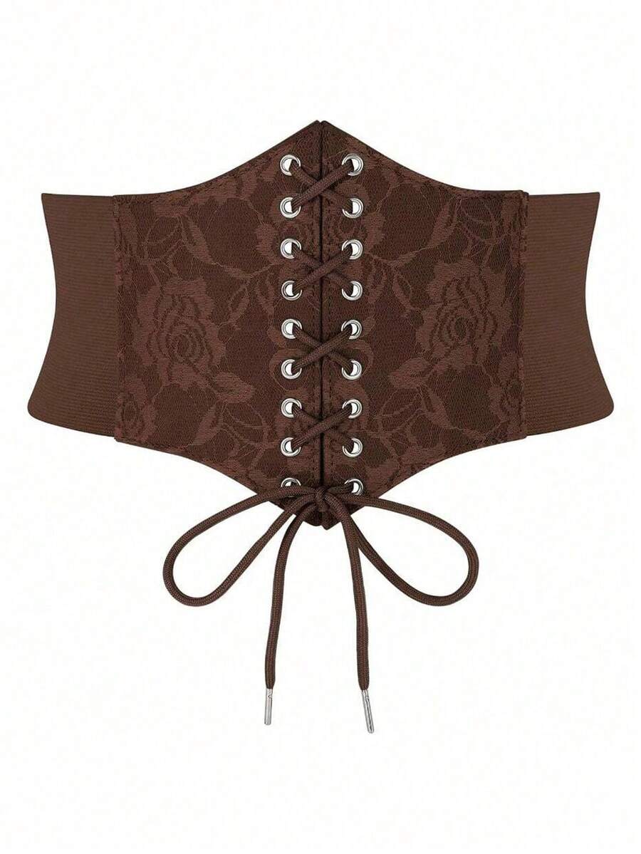Black lace-up waist cincher with grommet eyelets, baroque pattern, medium stretch, and wide belt design for women.