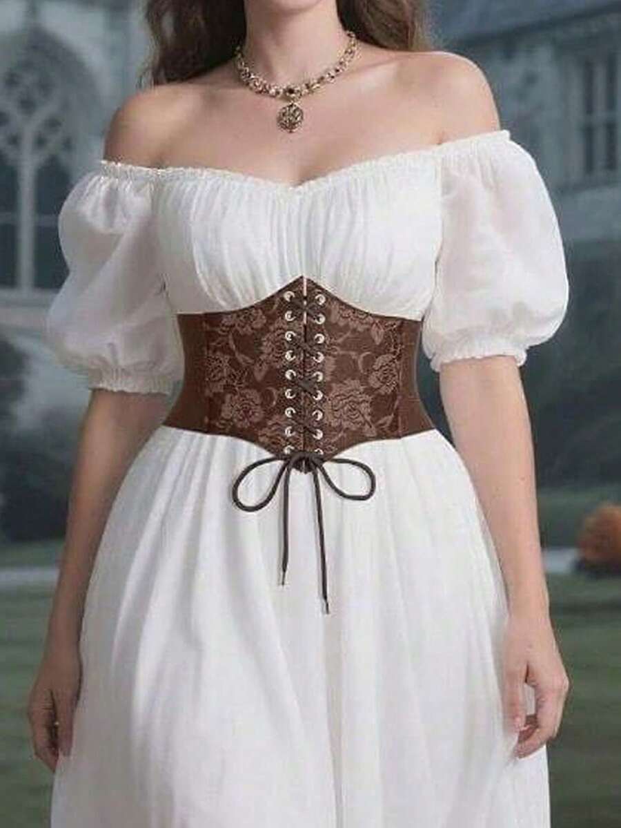 Black lace-up waist cincher with grommet eyelets, baroque pattern, medium stretch, and wide belt design for women.