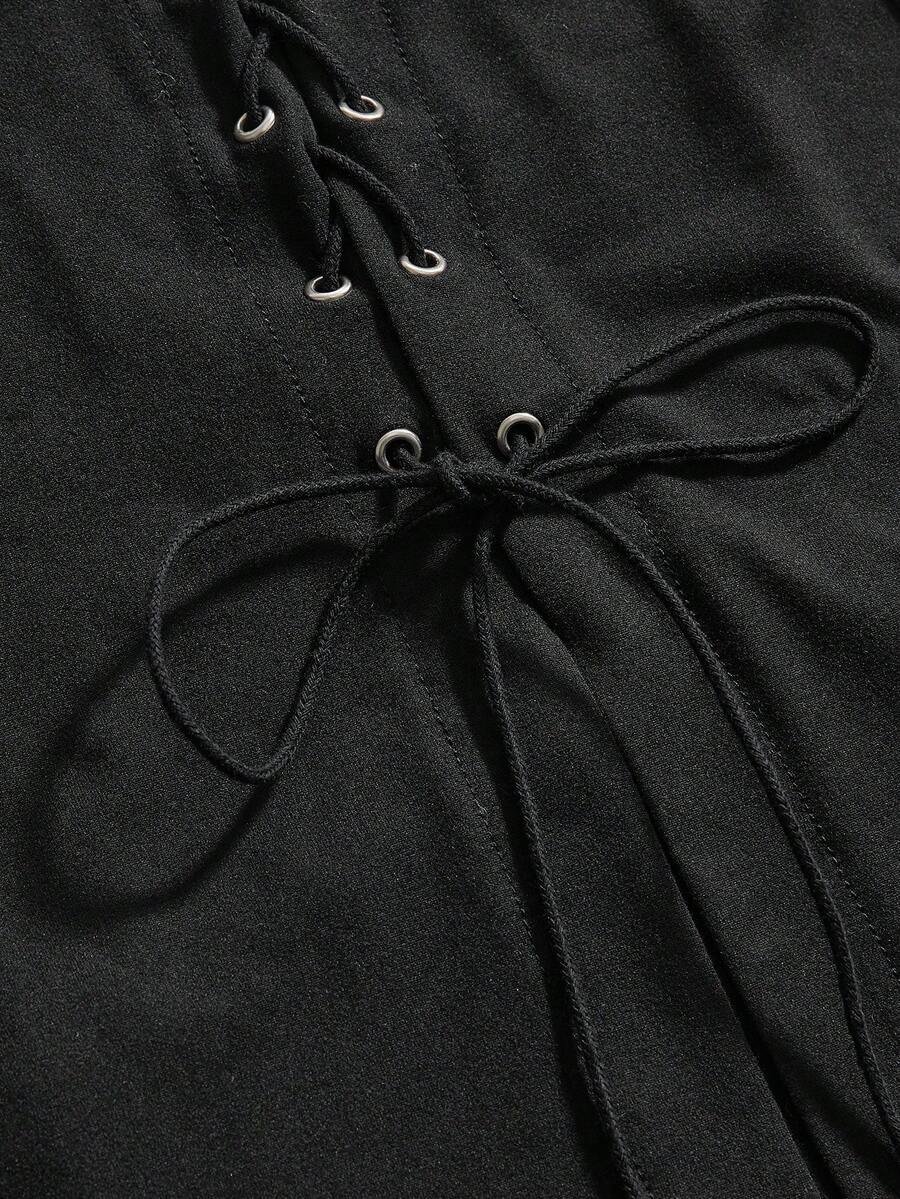 Black gothic bodycon slip dress featuring spaghetti straps, lace-up grommet eyelet accents, and a high split thigh hem.