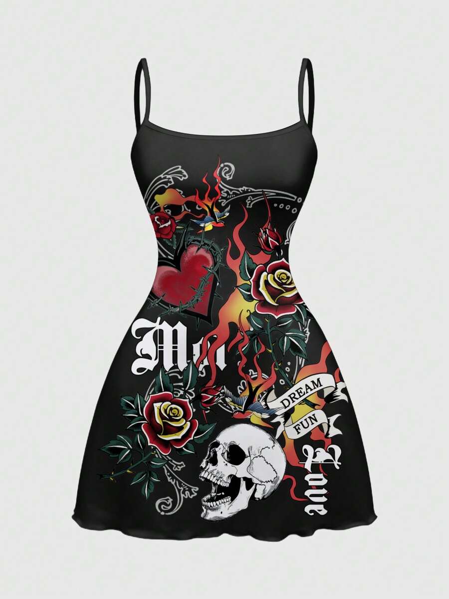 Women's black backless cami mini dress featuring spaghetti straps, lettuce trim, and a flared hem in high stretch knitted fabric.