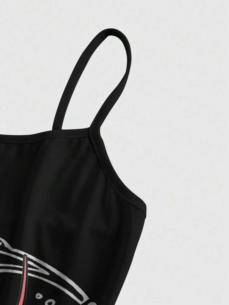 Women's black backless cami mini dress featuring spaghetti straps, lettuce trim, and a flared hem in high stretch knitted fabric.