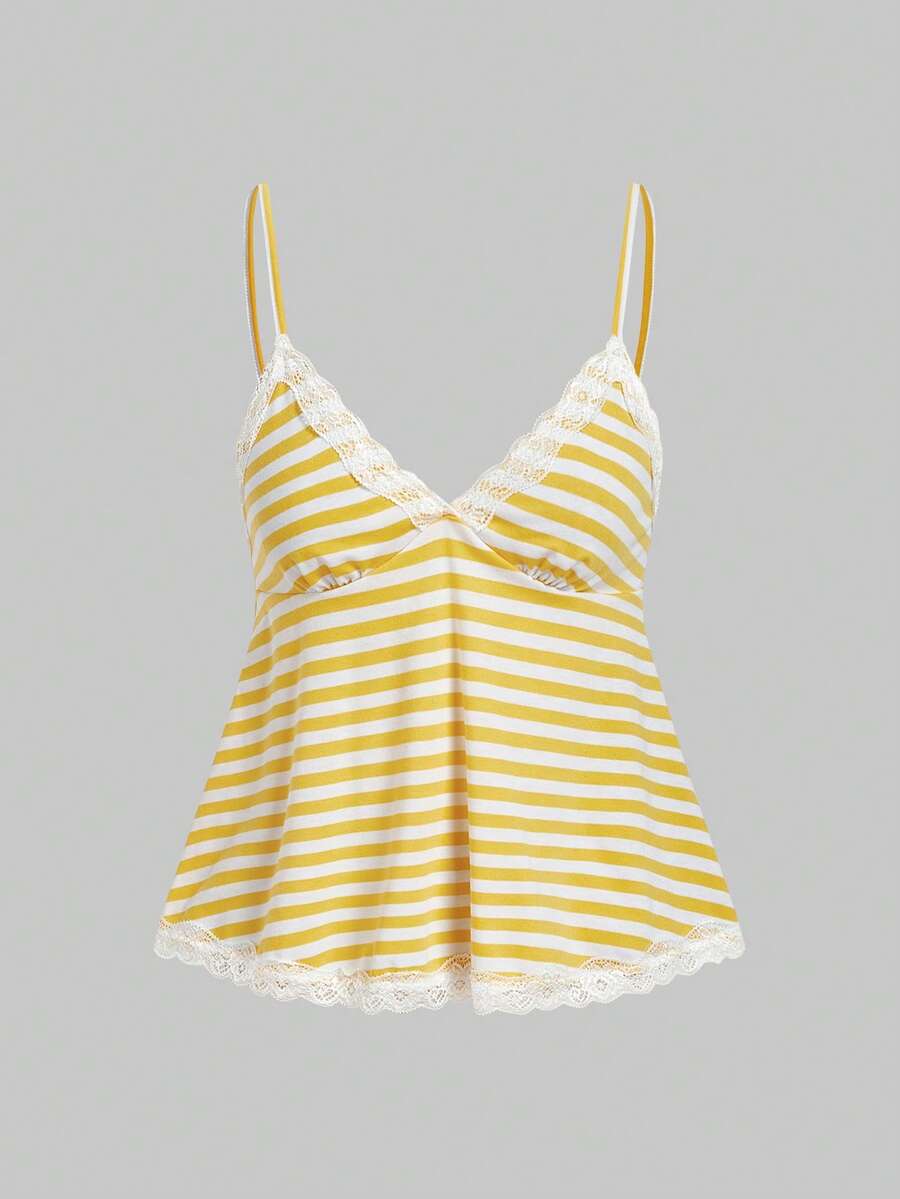 Red and white striped camisole top featuring contrast white scallop lace trim along the neckline and slim fit spaghetti straps.