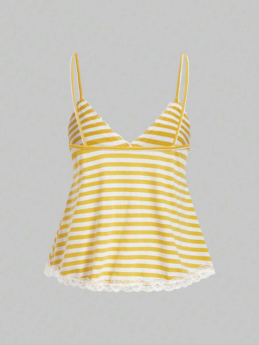 Red and white striped camisole top featuring contrast white scallop lace trim along the neckline and slim fit spaghetti straps.