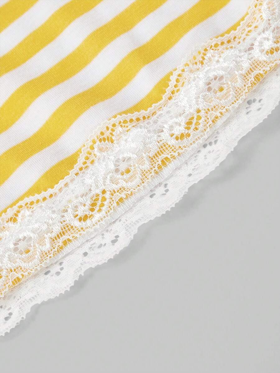Red and white striped camisole top featuring contrast white scallop lace trim along the neckline and slim fit spaghetti straps.