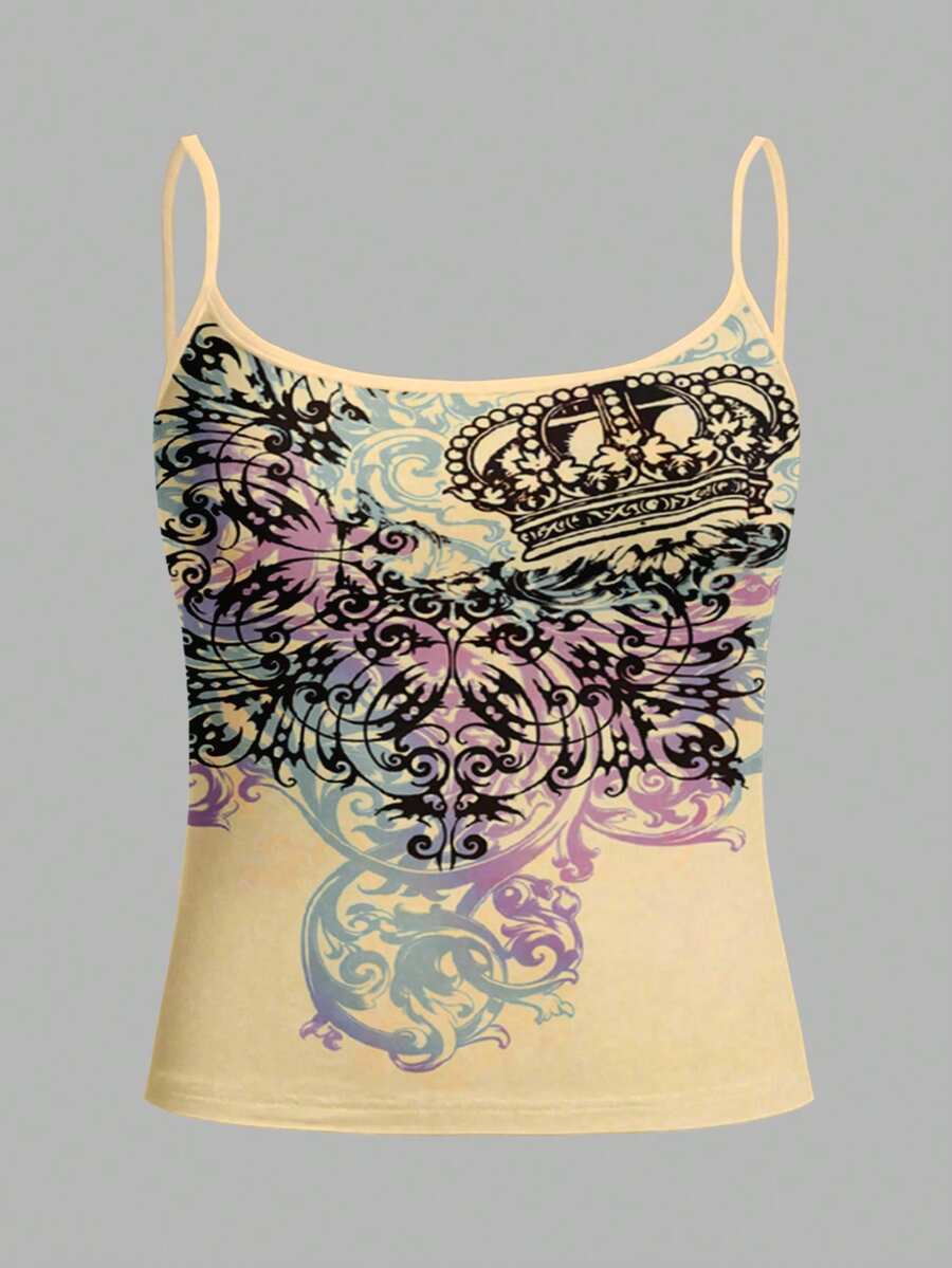 Burgundy cross pattern camisole top featuring spaghetti straps, ring accent, and a backless slim fit design.