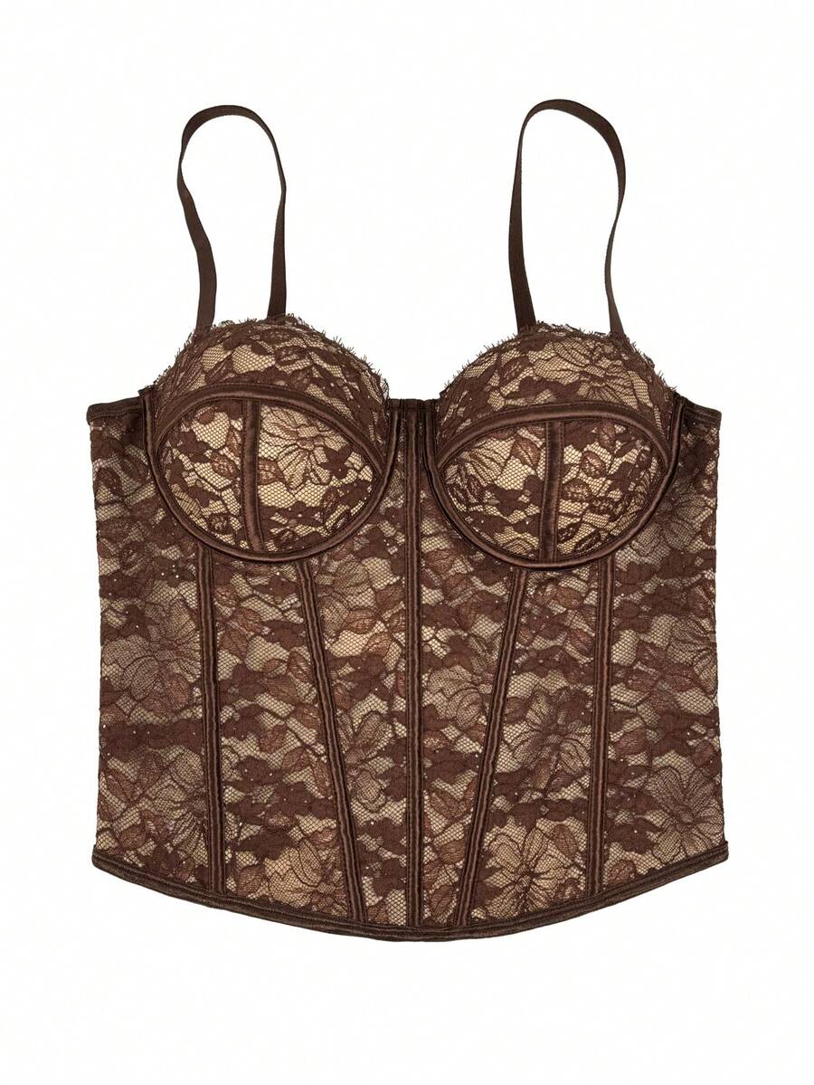 Black women's shaping cami with contrast lace, spaghetti straps, asymmetrical hem, lined body, and slim fit for casual and night-out styling.