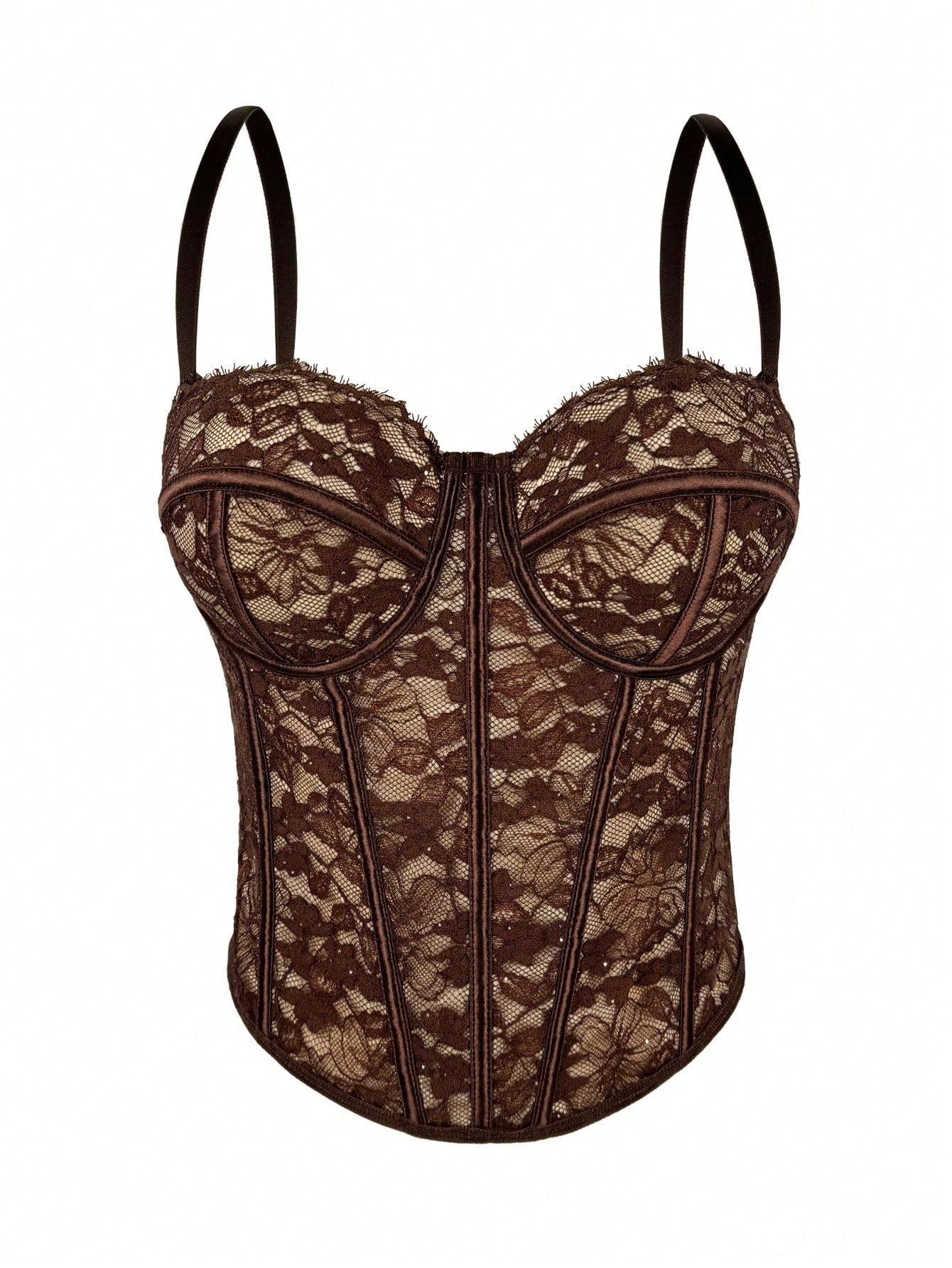 Black women's shaping cami with contrast lace, spaghetti straps, asymmetrical hem, lined body, and slim fit for casual and night-out styling.