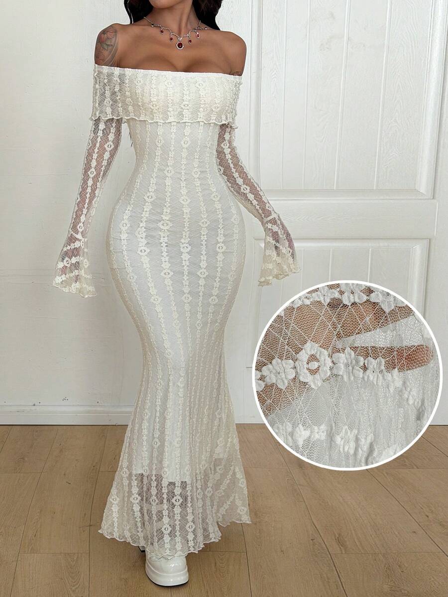Women's white off the shoulder long sleeve lace dress featuring a slim fit silhouette.
